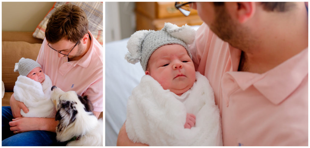 new dad and his newborn baby in a bunny costume and swaddled in a white blanket