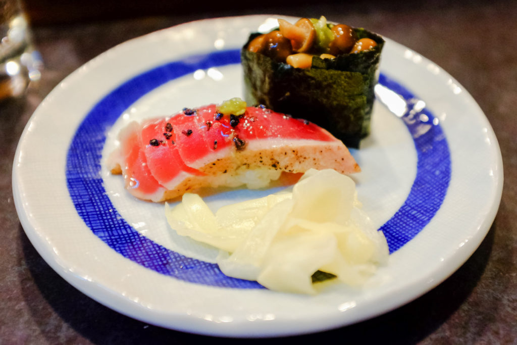 sushi from cafe sushi in Cambridge Massachusetts with seafood, mushrooms, and ginger