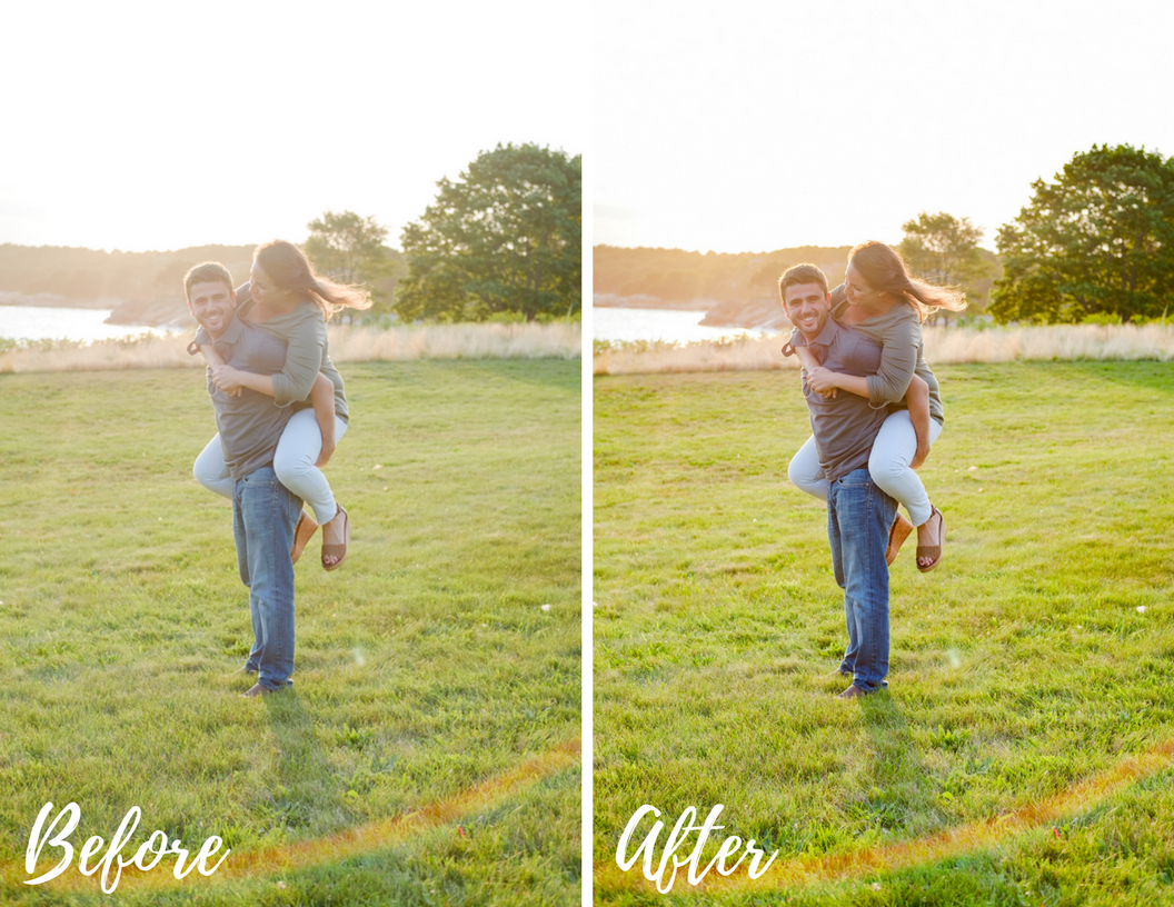 silly, sun flare, engagement, massachusetts, golden hour, eshoot, engagement photos, manchester-by-the-sea, laughter, joy, spanish man, expats, sunlight, glow, green shirt, blue jeans, rainbow, lens flare, sun flare, piggyback ride, magical, romance, romantic moment, photo editing, lightroom, canva, fuji xt1, fuji, mirrorless