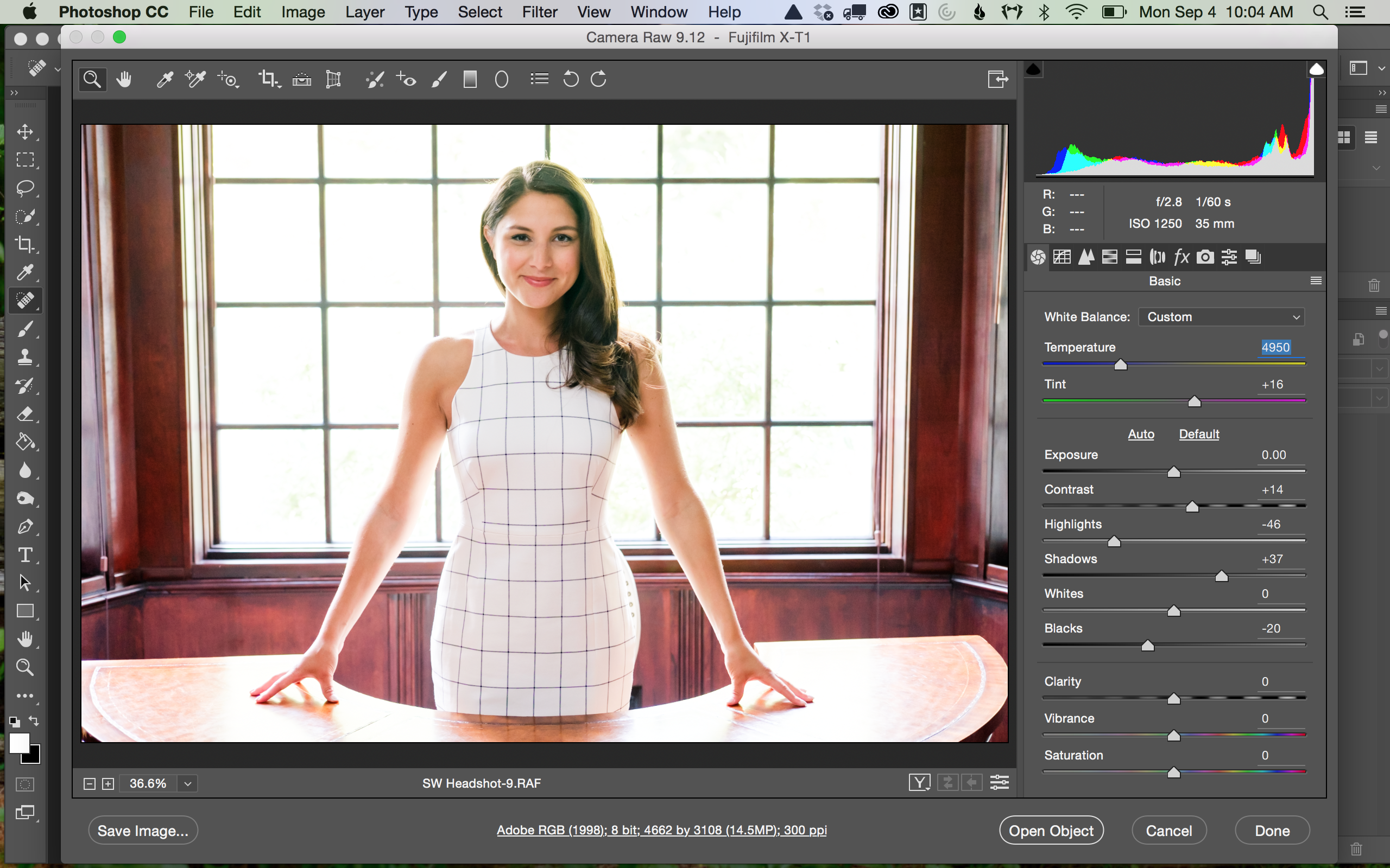 photoshop, photo editing, lightroom, adobe, fuji, xt1, headshots, professional, checked white dress, long hair, beautiful woman, powerful, feminist, boss babe, desk, backlight, editing screen, sliders, presets, how to use your camera better