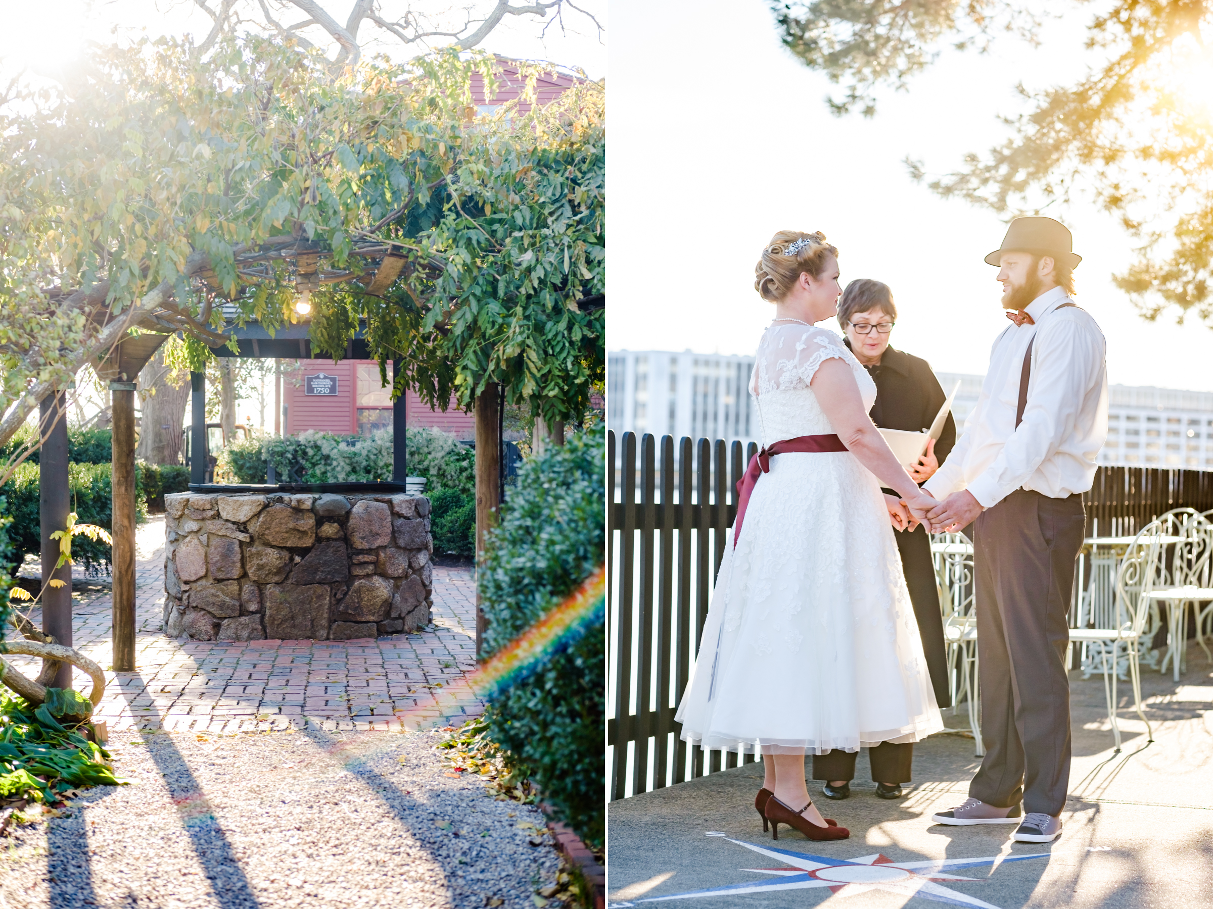 Bride and groom get married in the historic house of the seven gables in salem massachusetts. This elopement has a classic pin up style with a tea length dress, red and black accents, a bow tie, a fedora, and gorgeous curls in her hair. This North Shore elopement was an intimate wedding and it was an honor to be the photographer for this couple.