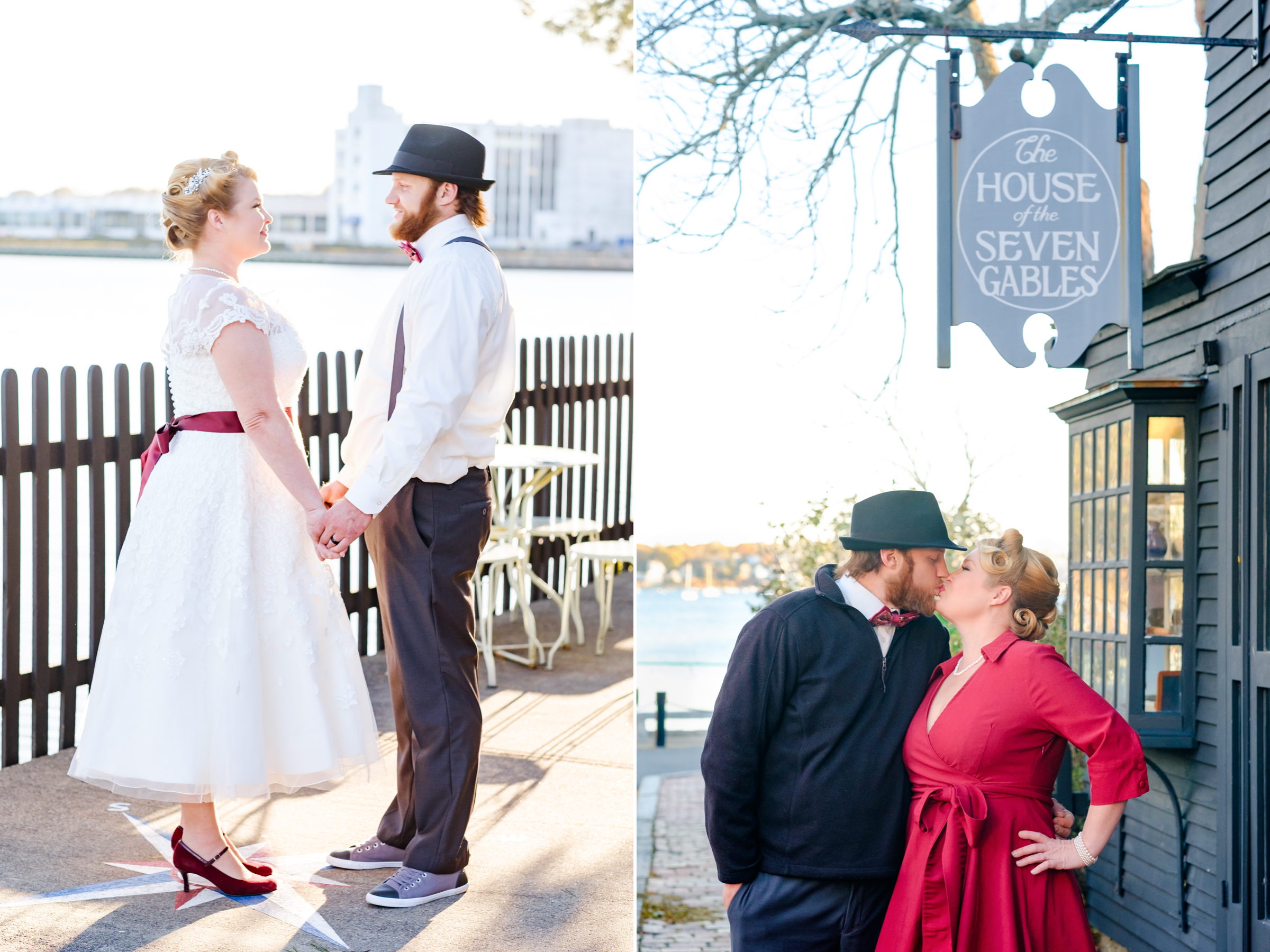 Bride and groom get married in the historic house of the seven gables in salem massachusetts. This elopement has a classic pin up style with a tea length dress, red and black accents, a bow tie, a fedora, and gorgeous curls in her hair. This North Shore elopement was an intimate wedding and it was an honor to be the photographer for this couple.