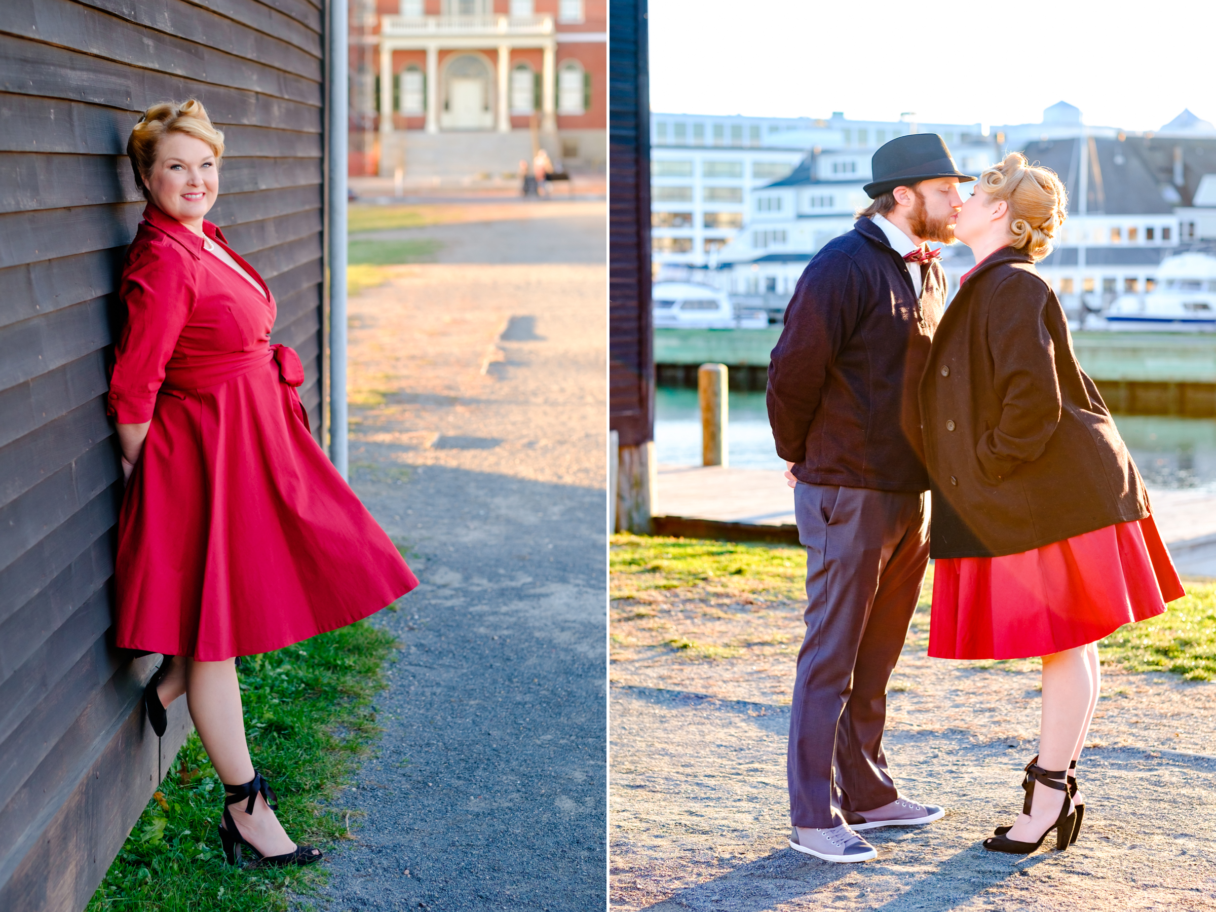 Bride and groom pose for pictures after they get married in the historic house of the seven gables in salem massachusetts. After her elopement, the bride dons a vintage red dress and gorgeous curls in her hair. She has a classic pin up style with red and black accents. Her groom dons a bow tie and a fedora. This North Shore elopement was an intimate wedding and it was an honor to be the photographer for this couple.