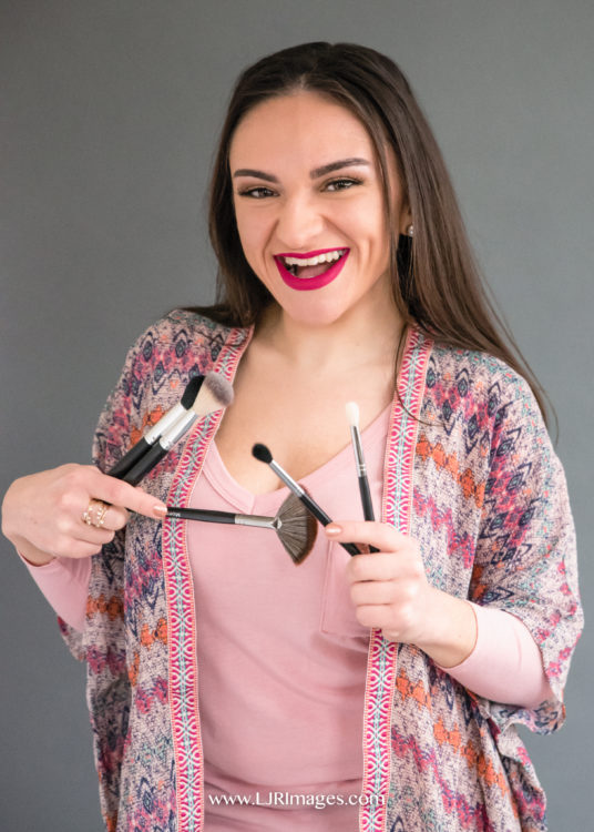 Carla, MUA, makeup brushes, red lips, brown hair, colored shawl, roslindale, headshot