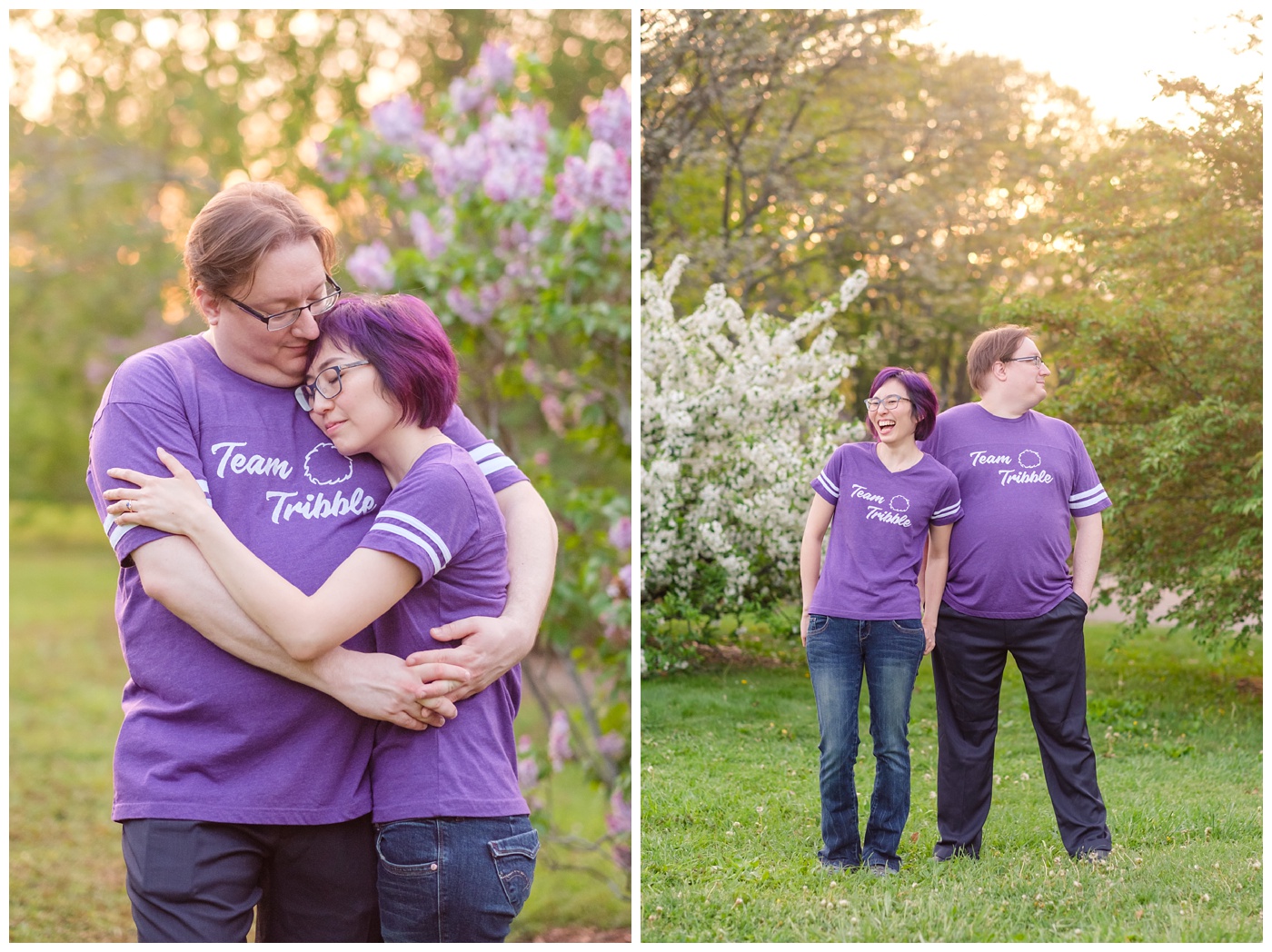 arnold arboretum,couple,engagement,flowers,green,lilacs,nature,park,portraits,purple,romantic,silly,spring,tiffany & rob,