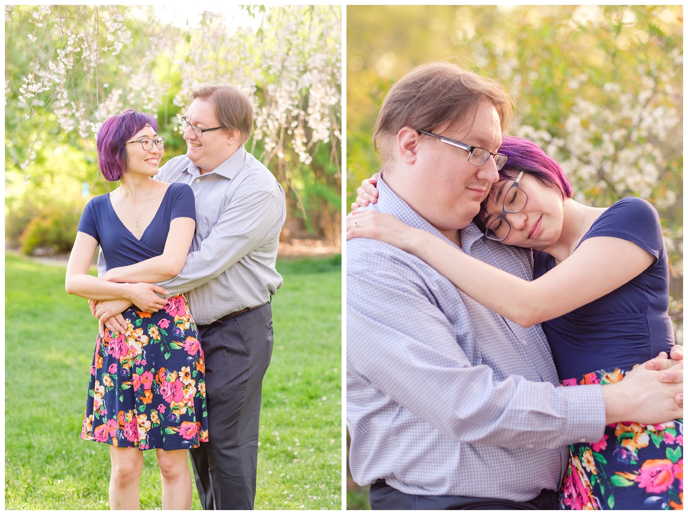 arnold arboretum,couple,engagement,flowers,green,lilacs,nature,park,portraits,purple,romantic,silly,spring,tiffany & rob,