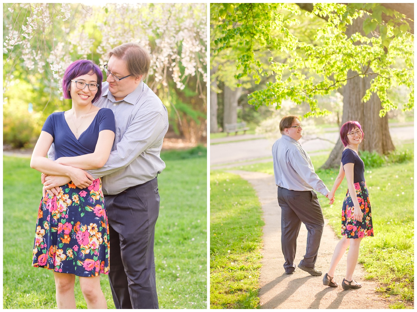 arnold arboretum,couple,engagement,flowers,green,lilacs,nature,park,portraits,purple,romantic,silly,spring,tiffany & rob,