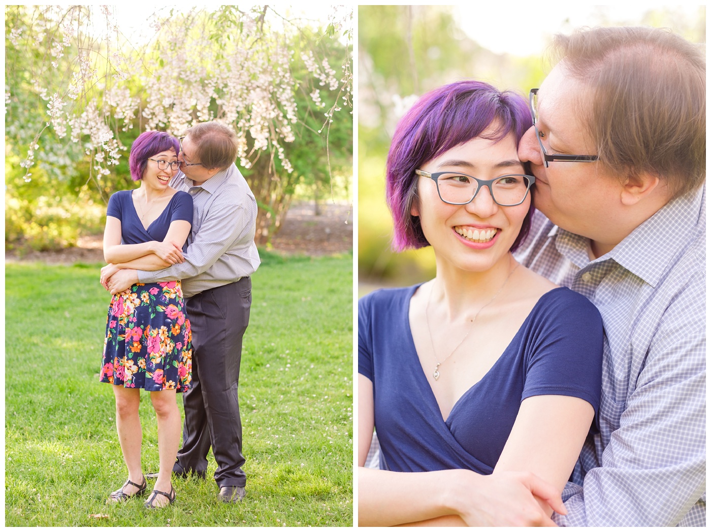 arnold arboretum,couple,engagement,flowers,green,lilacs,nature,park,portraits,purple,romantic,silly,spring,tiffany & rob,