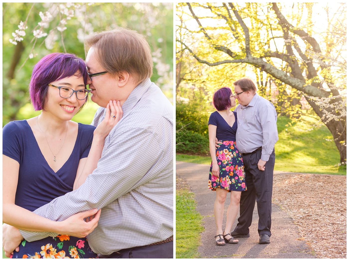 arnold arboretum,couple,engagement,flowers,green,lilacs,nature,park,portraits,purple,romantic,silly,spring,tiffany & rob,