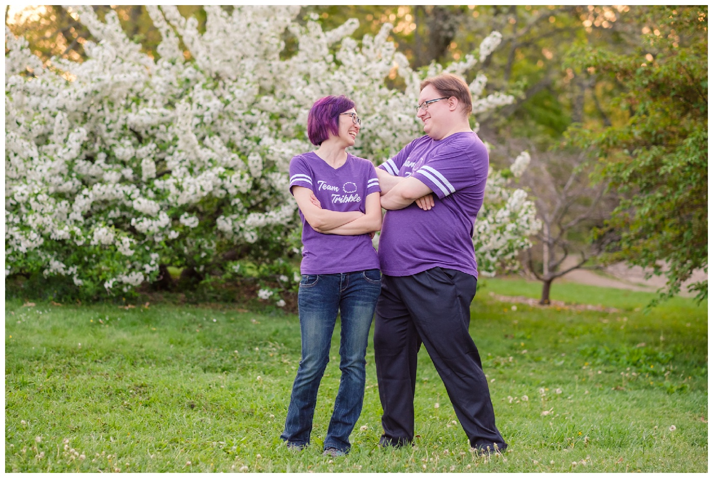 arnold arboretum,couple,engagement,flowers,green,lilacs,nature,park,portraits,purple,romantic,silly,spring,tiffany & rob,