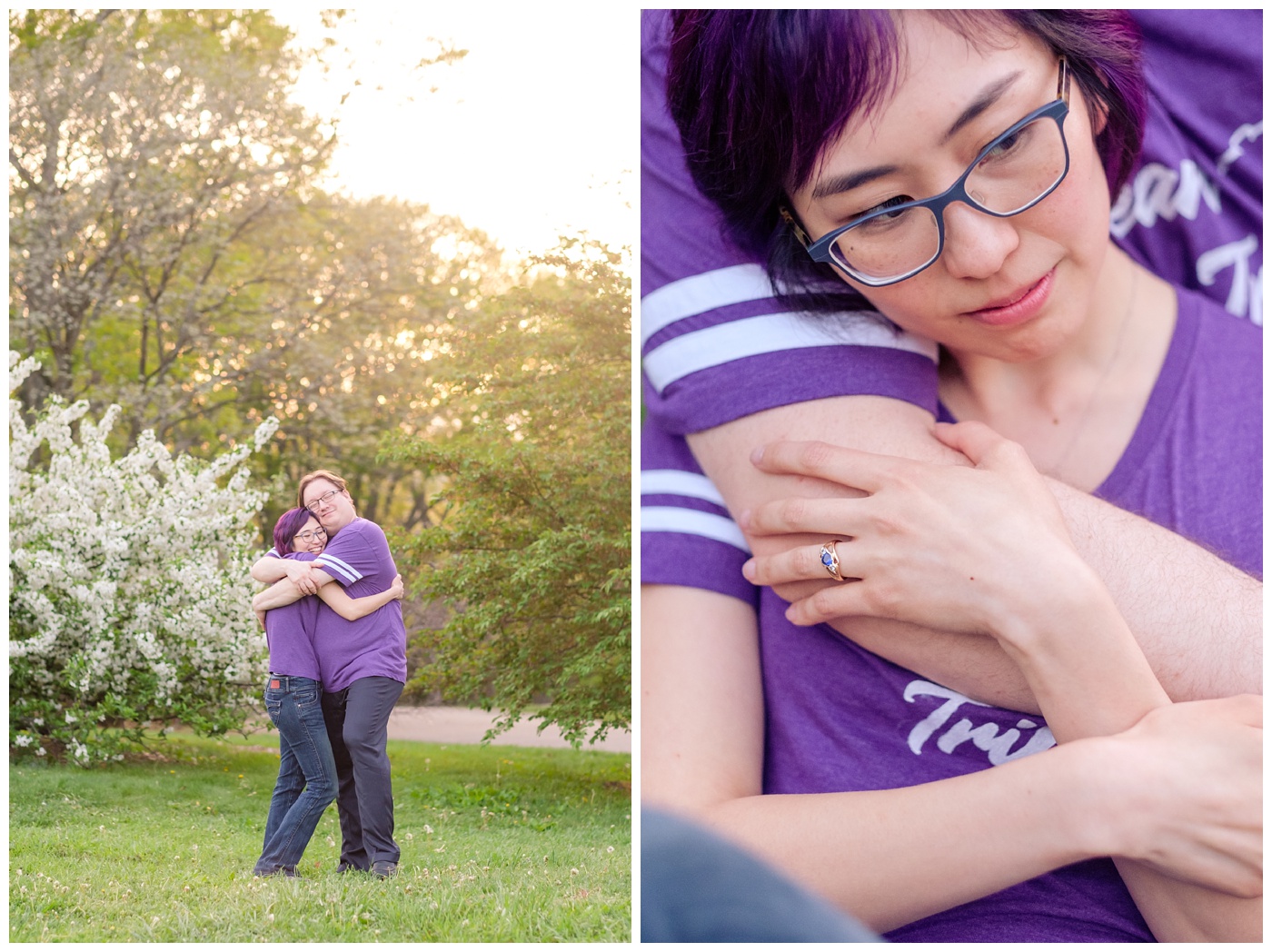 arnold arboretum,couple,engagement,flowers,green,lilacs,nature,park,portraits,purple,romantic,silly,spring,tiffany & rob,