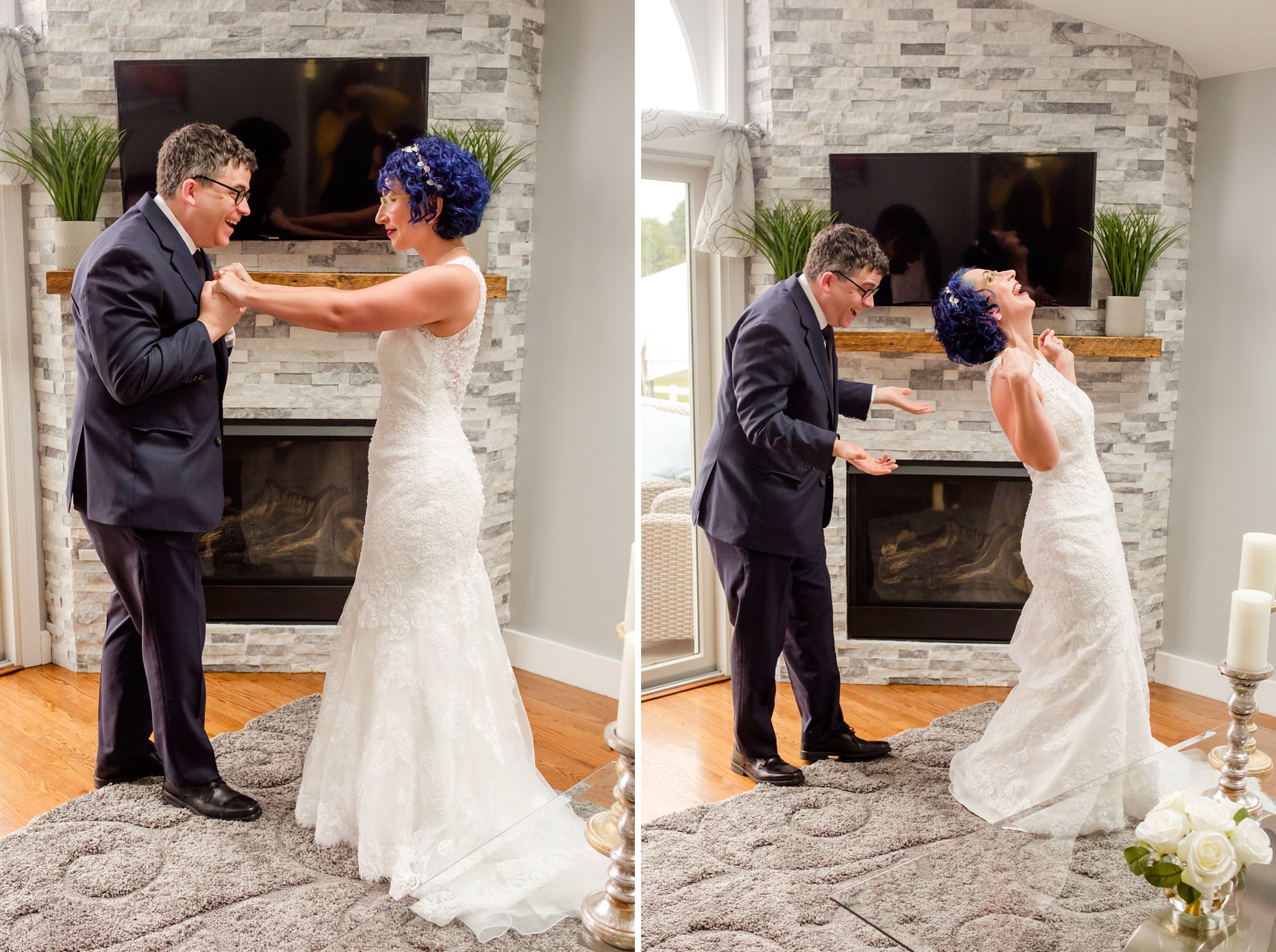 Super enthusiastic groom looks at his blue haired during first look at their summer wedding in Massachusetts