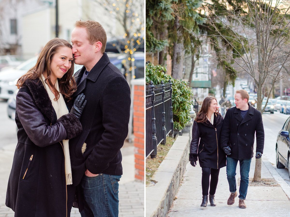 Engaged couple walking in Union Square