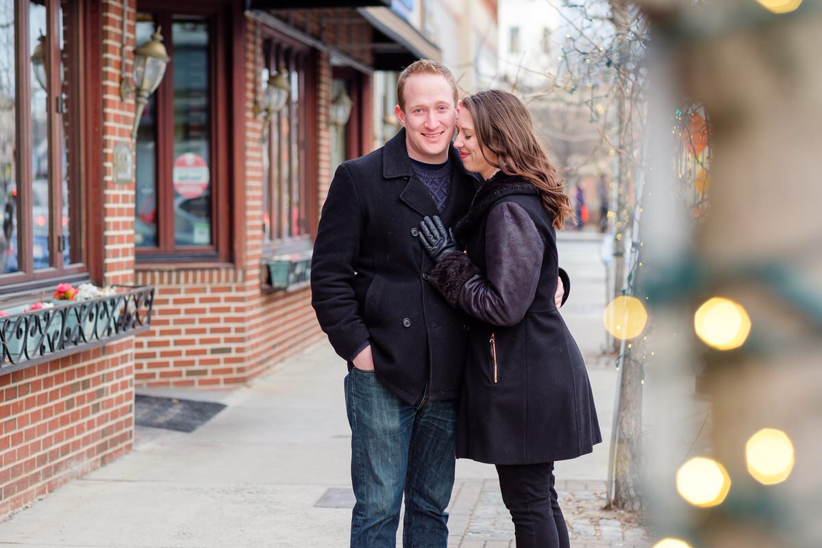 Engaged couple in winter in Union Square