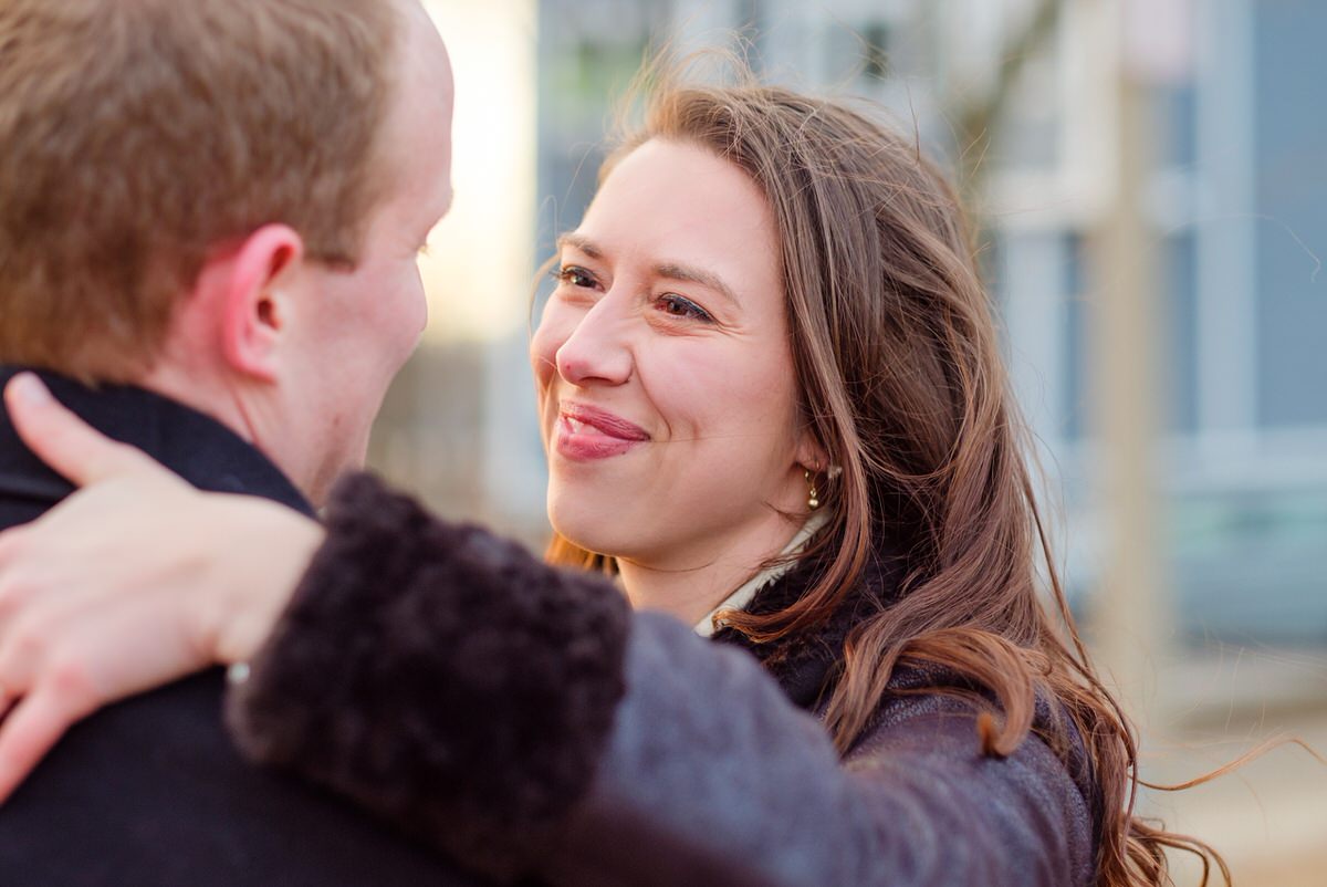 Engaged couple in winter in Prospect Hill Park