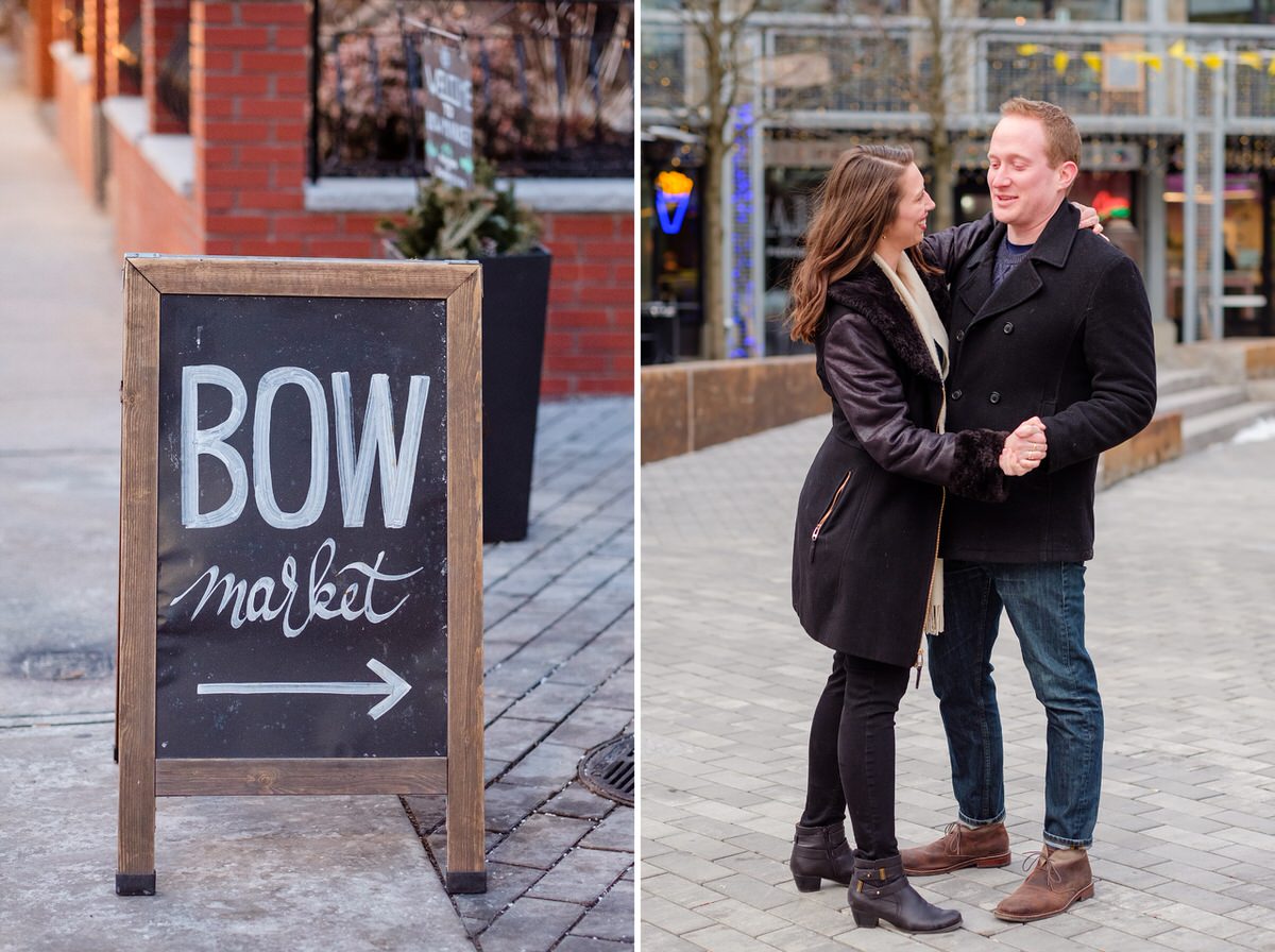 Engaged couple in coats in winter in Union Square