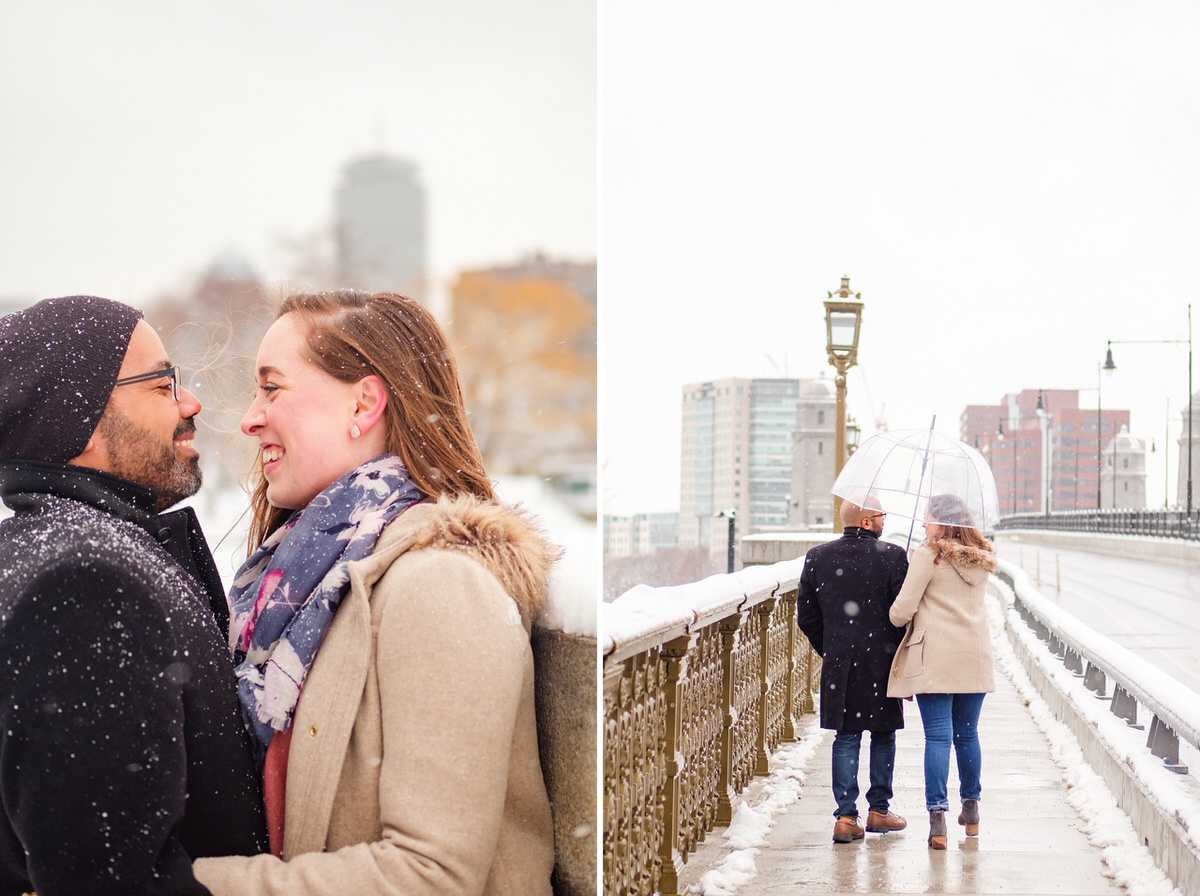 Engaged couple walks on the Longfellow Bridge in Boston on a snowy winter day.