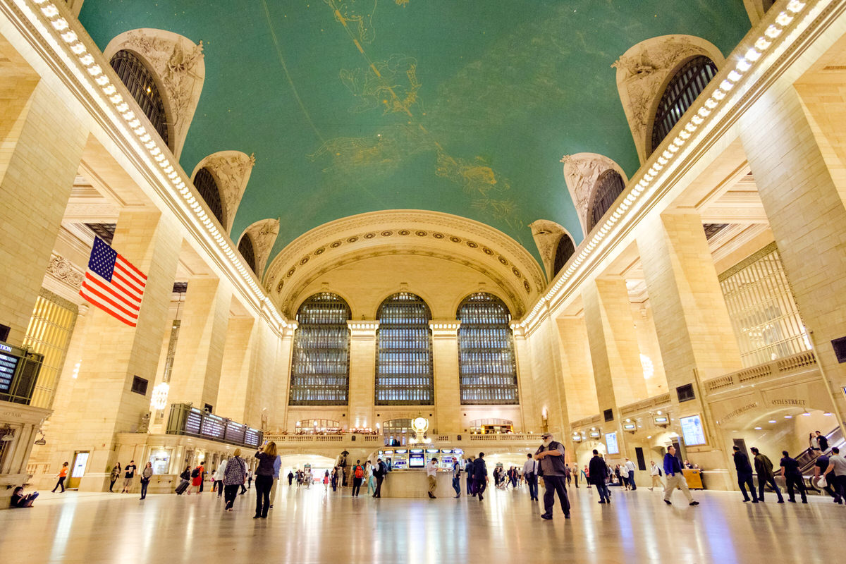 Bustling wide view of Grand Central Station in New York