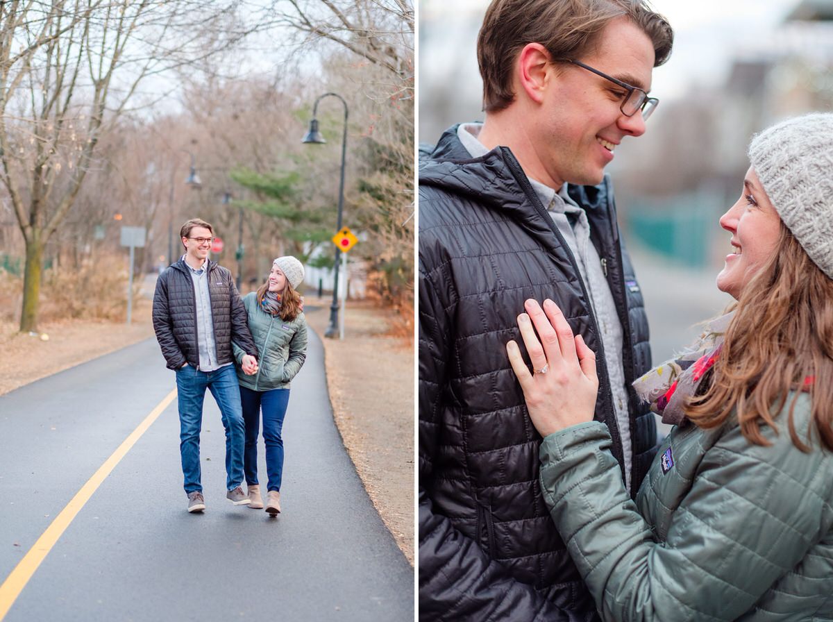 Engaged couple walks down the Minuteman Bike Path through Davis Square in Somerville in winter