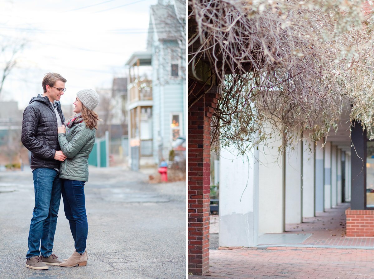 Engaged couple poses for winter photos in Somerville