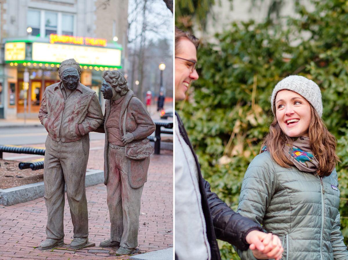 Sweet couple goes for a stroll in Davis Square near the bike path and Somerville Theater