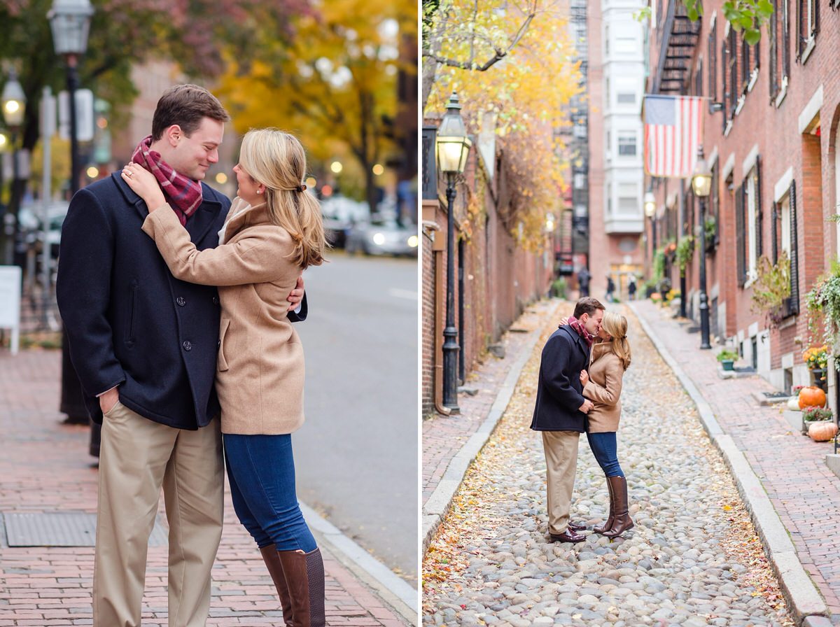 Fiances post on Beacon and Acorn streets in Beacon Hill in Boston during winter engagement photo shoot