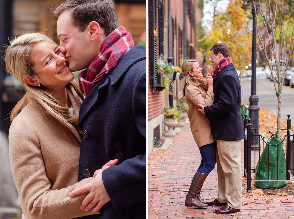 Engaged man and woman in winter coats stroll snuggle on a brick street in Beacon Hill engagement session