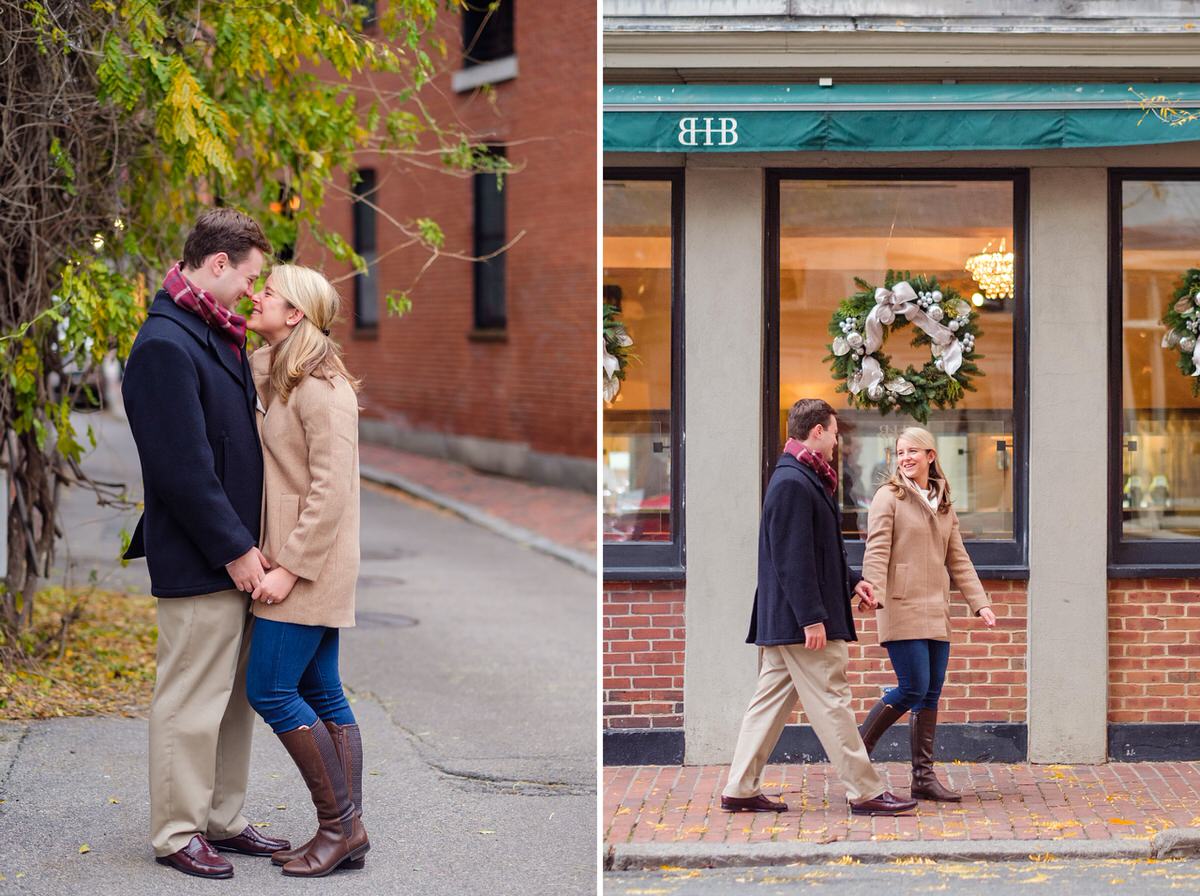 Engaged man and woman in winter coats stroll through brick-lined Beacon Hill streets in Boston