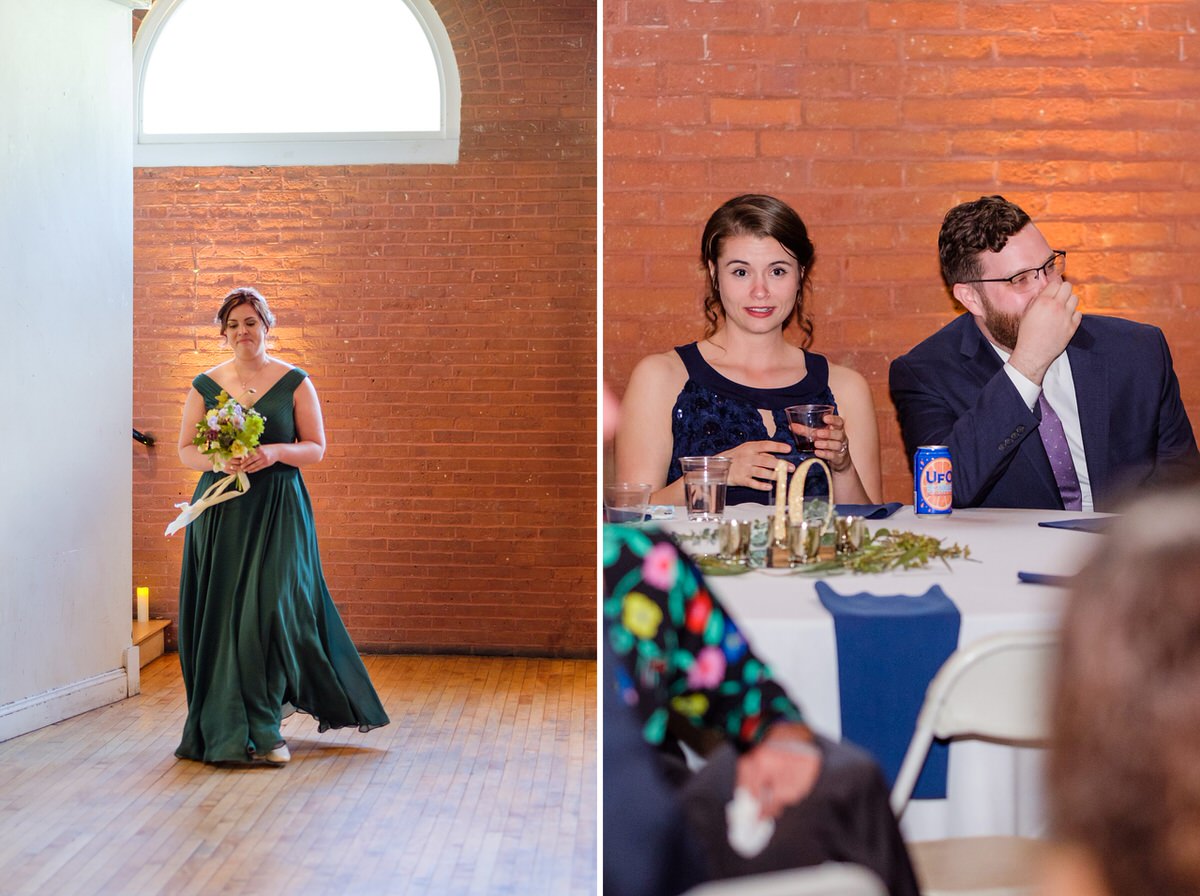 Bridesmaid in green approaches while guests look on