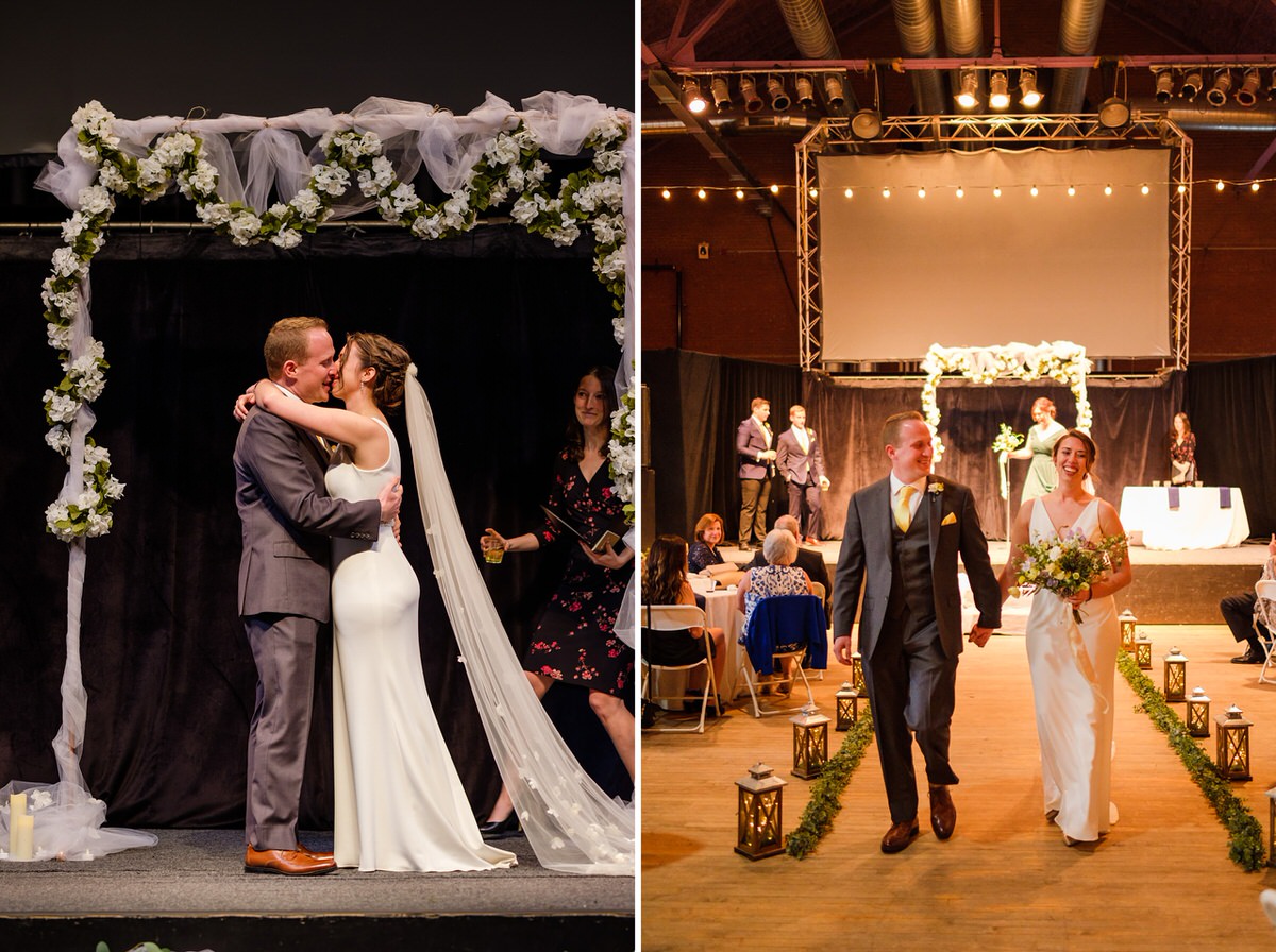 Bride and groom kiss at the end of wedding ceremony then recess down the aisle