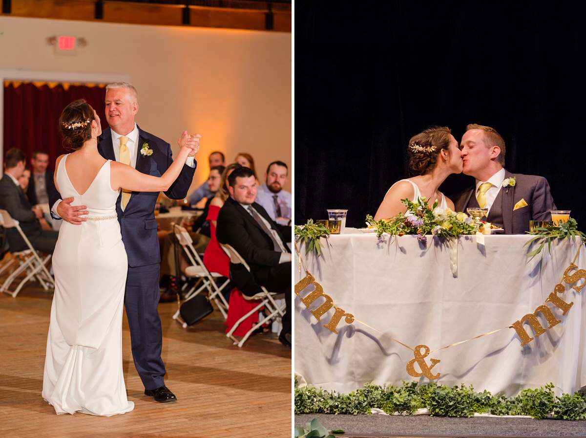 Bride dances with her dad and kisses her groom at the Somerville Armory