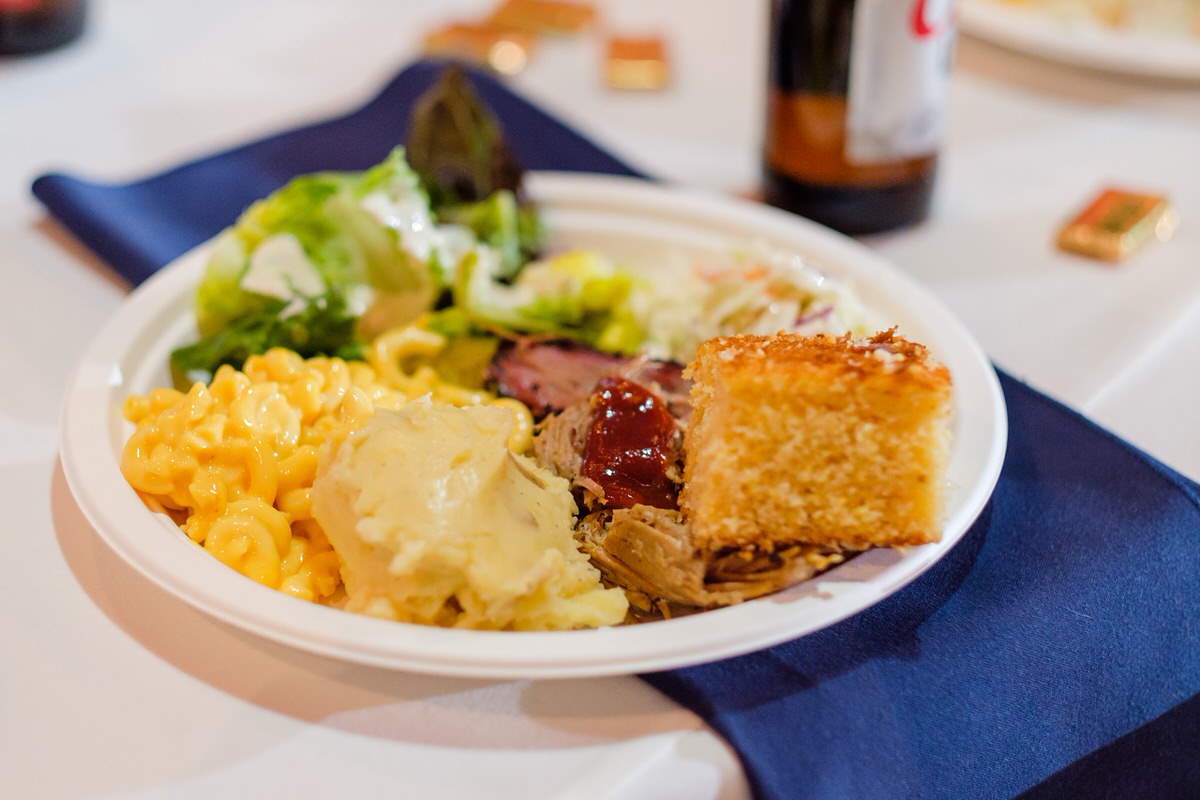 Barbecue wedding dinner on a paper plate from Redbones buffet