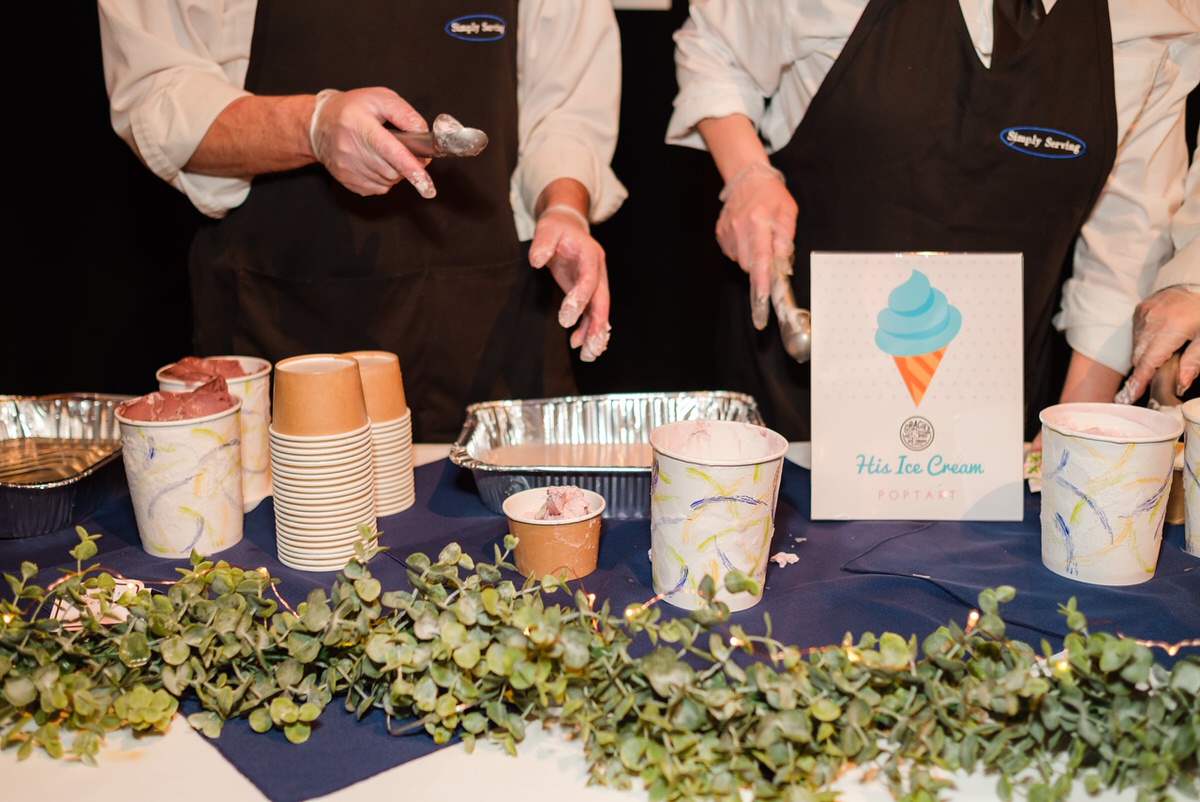 Ice cream is scooped into cups at a wedding