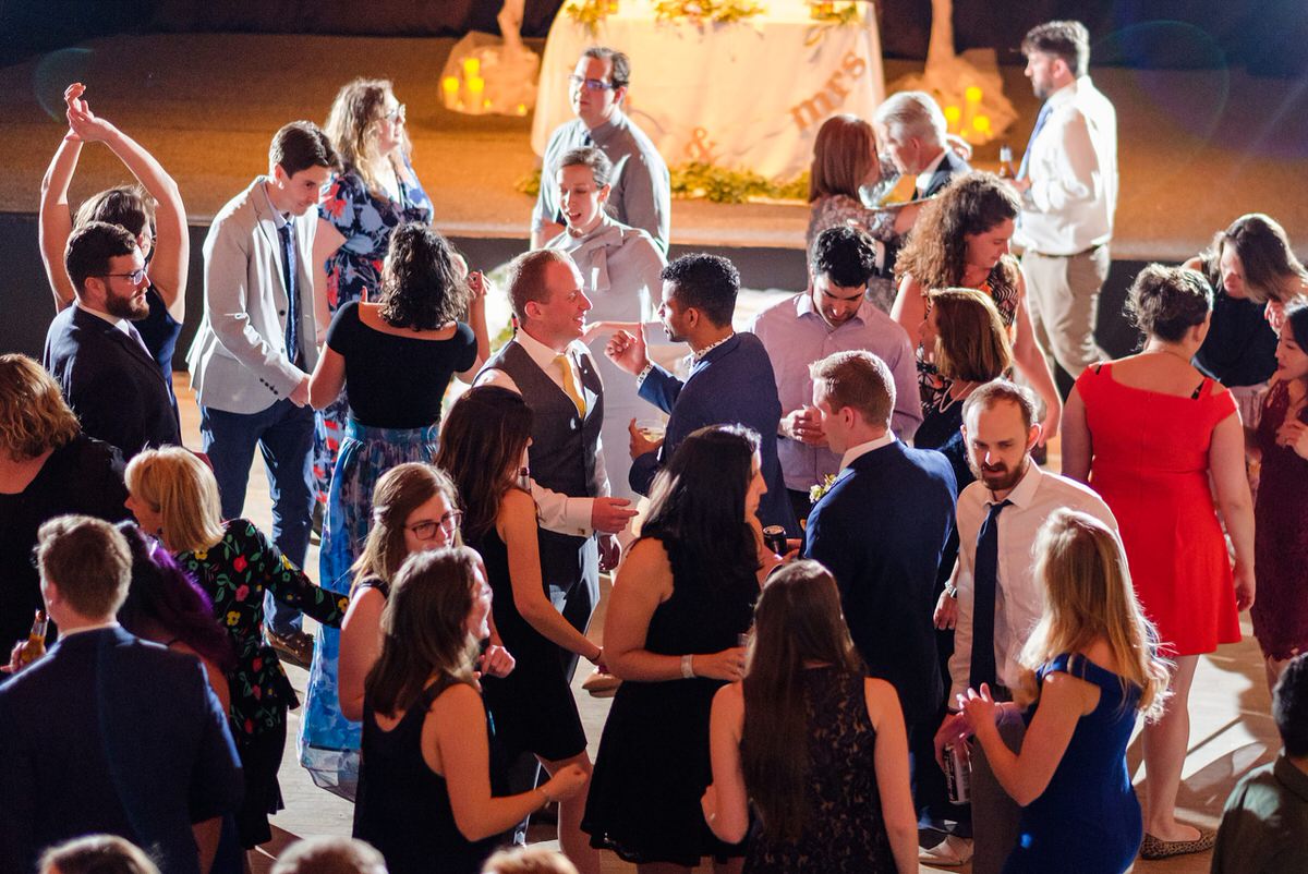 Overhead view of dance floor at wedding reception at the Somerville Armory in Davis Square