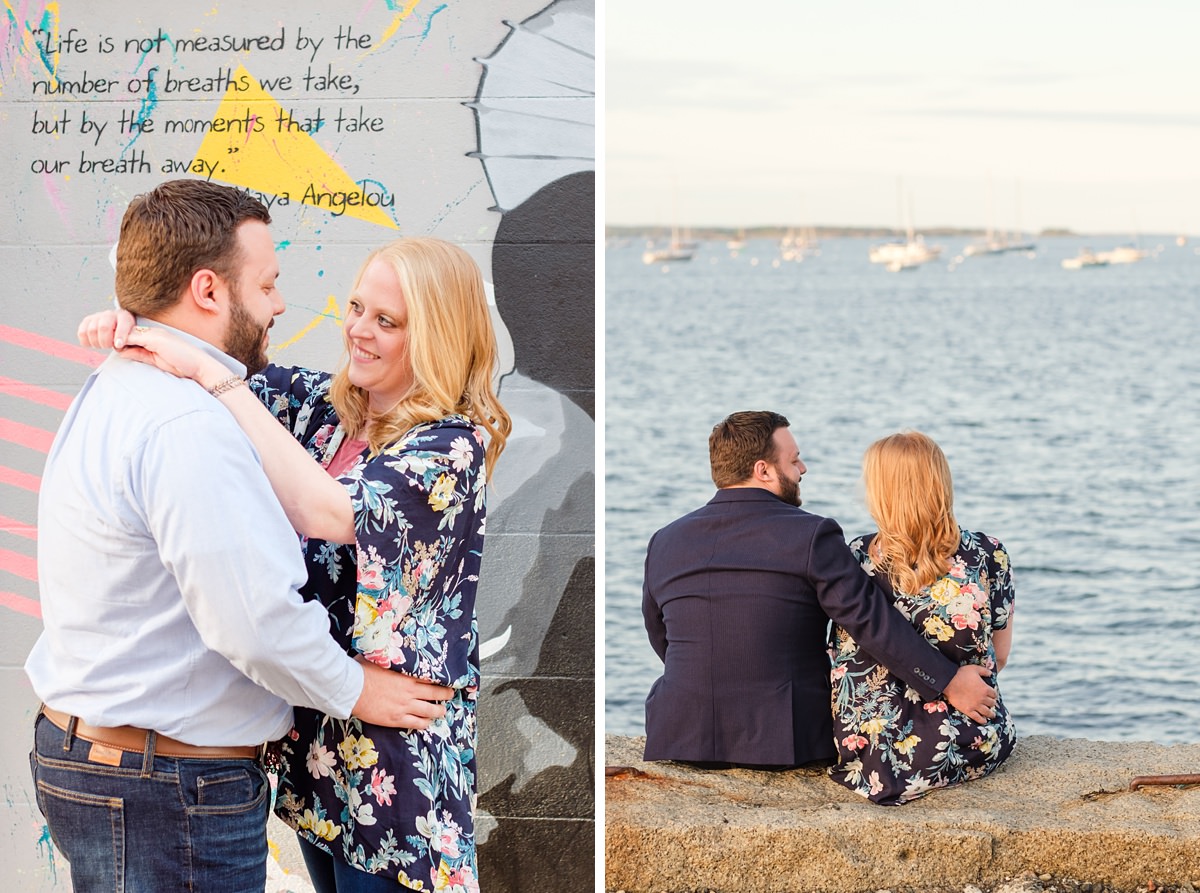 Side-by-side image on an engaged couple dancing in front of a mural and sitting on a ledge overlooking the ocean in Salem, MA