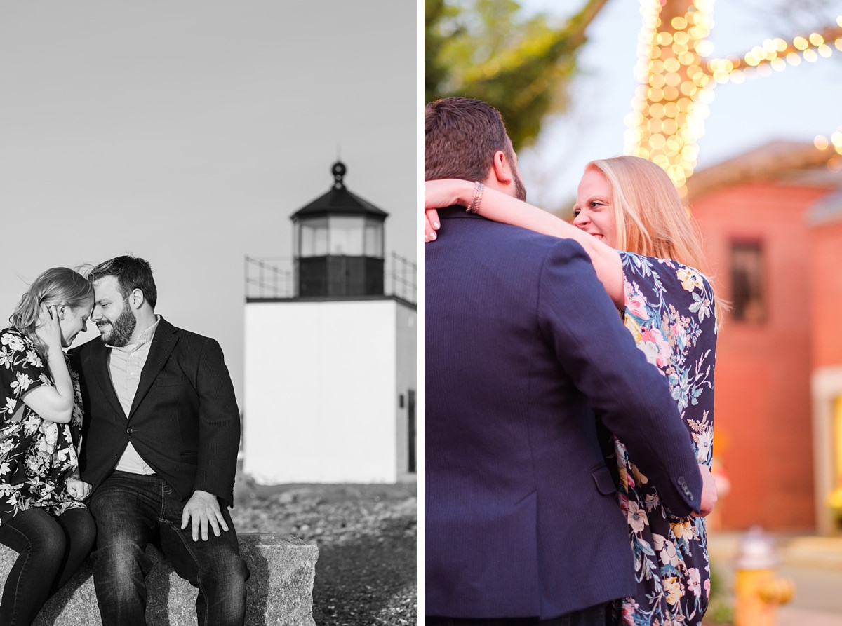 Two images of a man and woman sitting in front of a lighthouse and dancing in front of a lit tree in Salem, MA