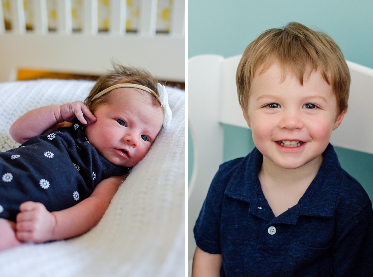 Side by side of newborn and two-year-old older brother