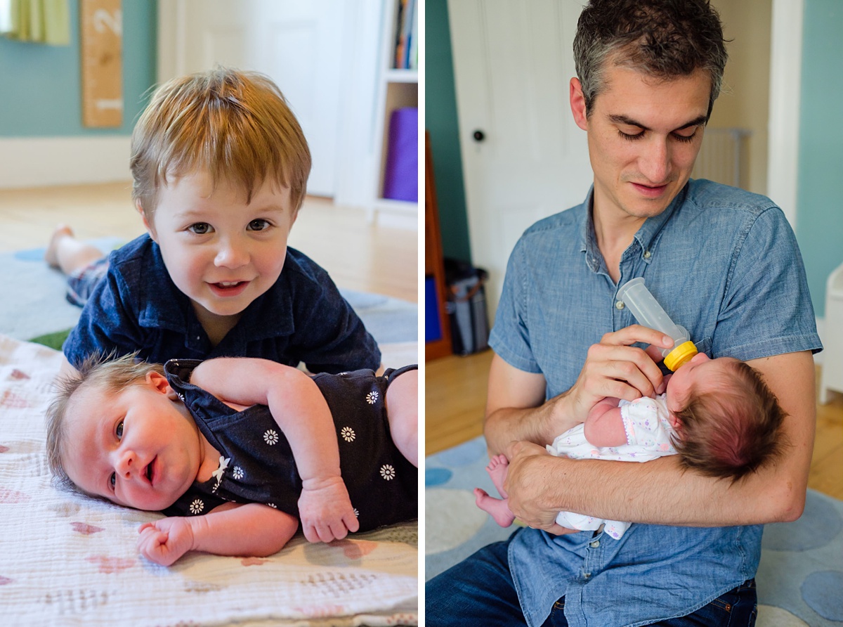 Side by side of dad bottle feeding his newborn daughter and toddler leaning over his newborn baby sister