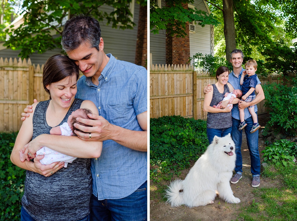 Side-by-side of mom and dad holding their newborn and family with two kids and a dog