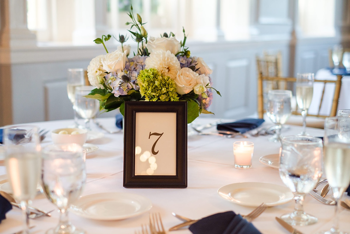 Hawthorne Hotel ballroom wedding table number and centerpiece