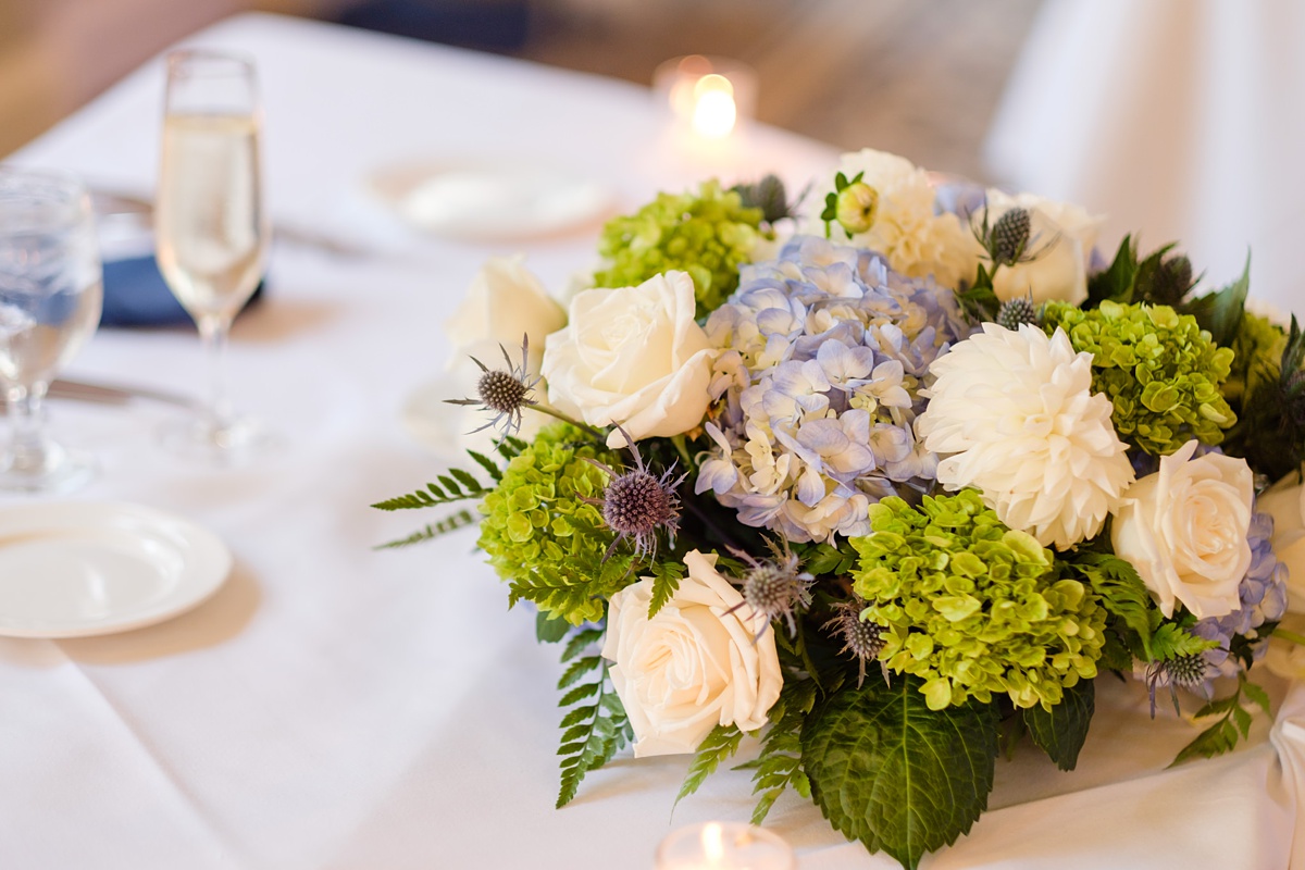 White and blue wedding centerpiece during Hawthorne Hotel reception