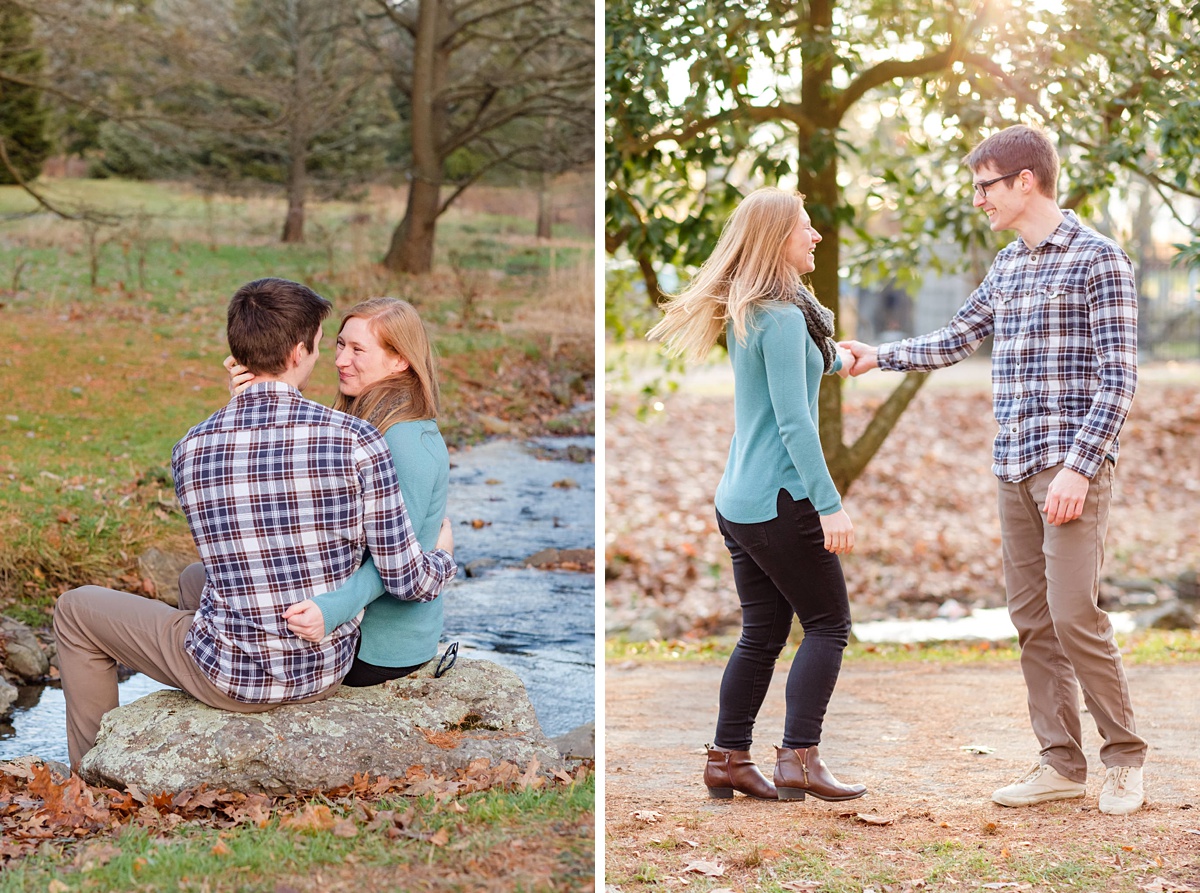 Engaged couple dances on a path at the Arnold Arboretum in Jamaica Plain at sunset