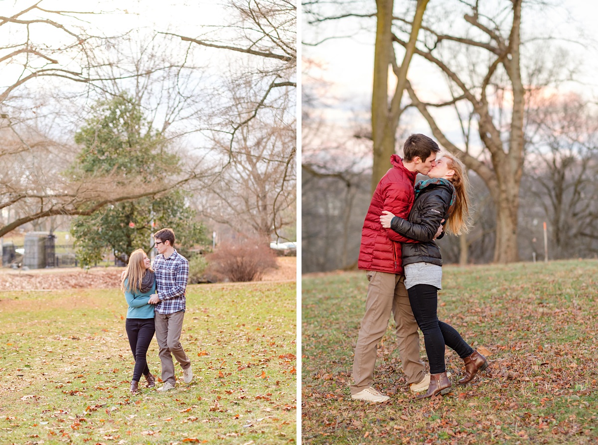 Engaged couple walks through the woods and kisses in winter