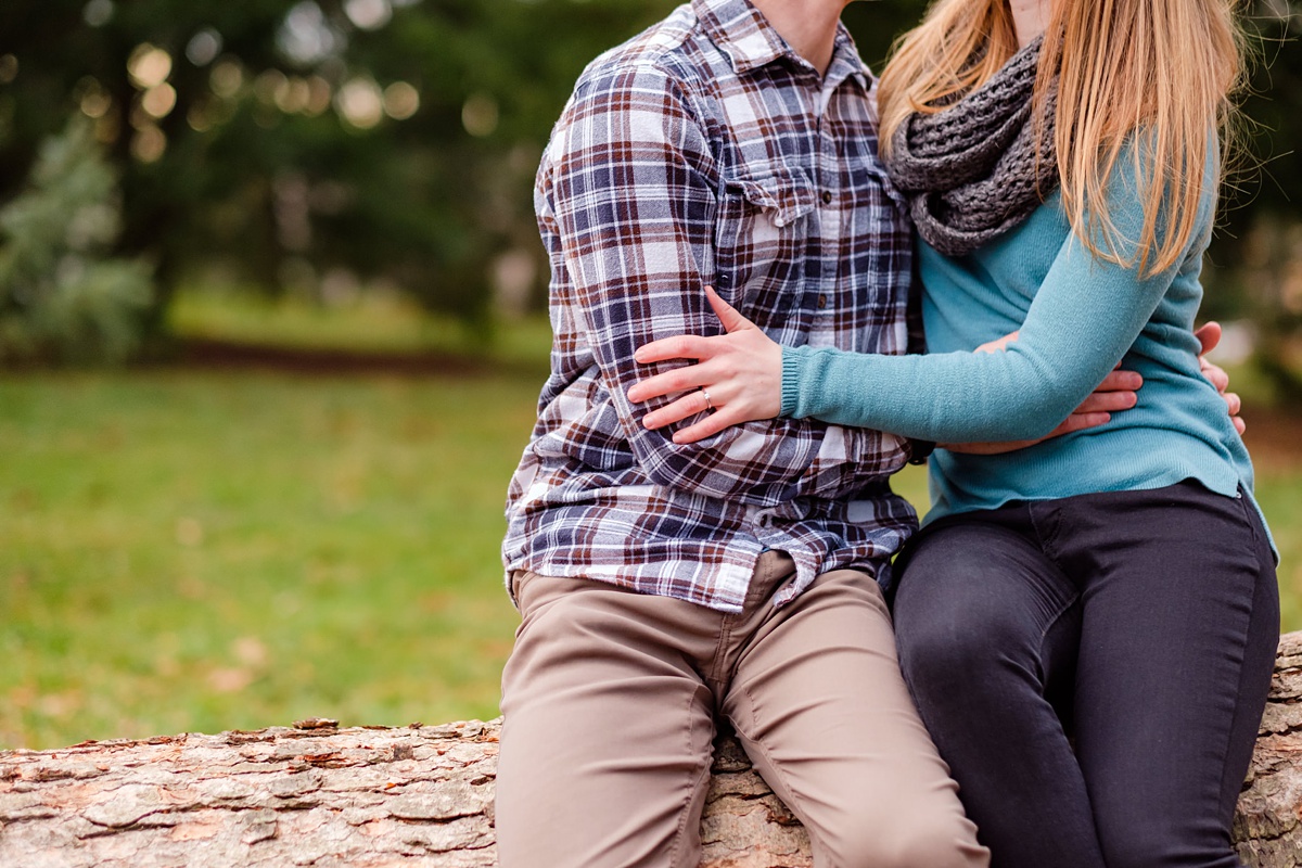 Engagement photo of a couple sitting in the Arnold Arboretum