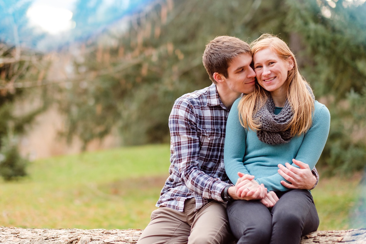 Engaged couple snuggles on a log at the Arnold Arboretum