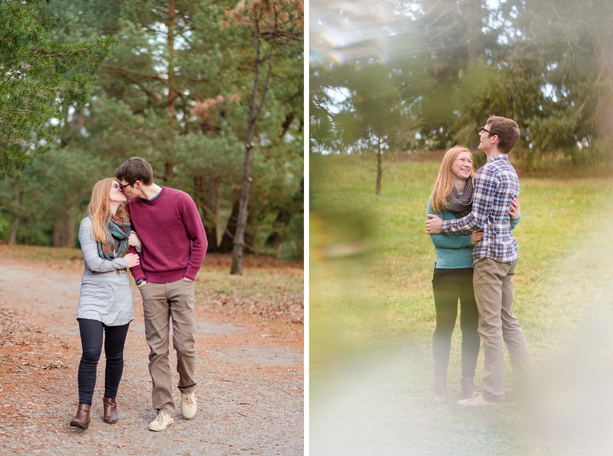 Engagement photos of a couple walking in the Arnold Arboretum at sunset