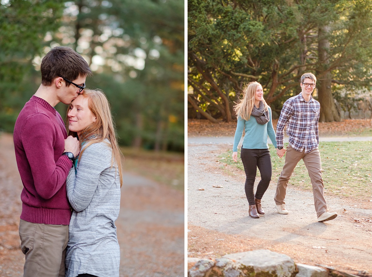 Engaged couple strolls on a bridge at the Arnold Arboretum in Jamaica Plain