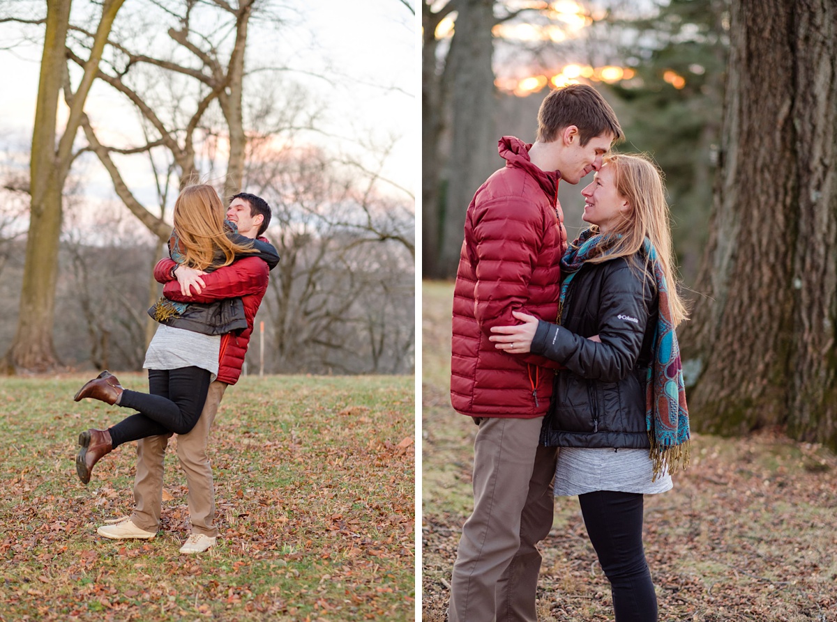 Engaged couple embraces at sunset in a park