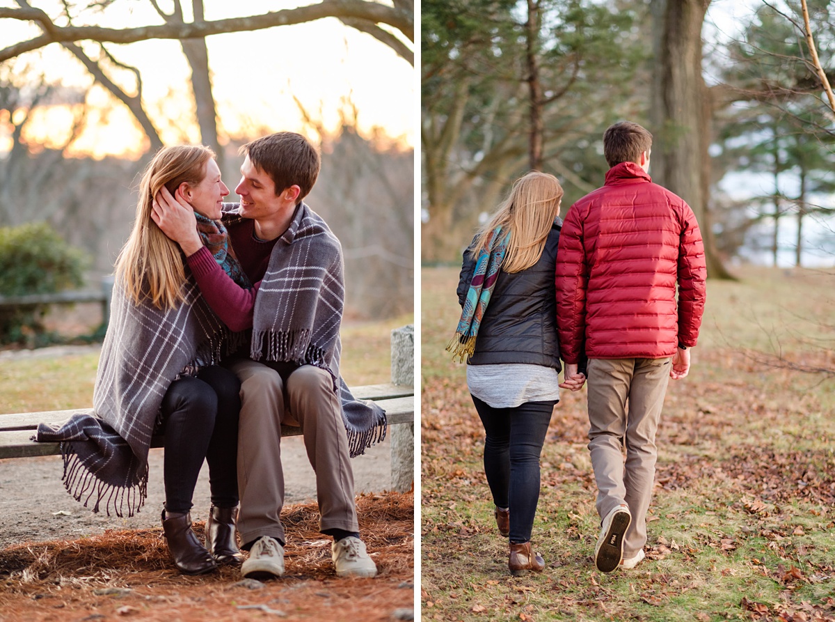 Engagement photo of a couple in the Arnold Arboretum at sunset