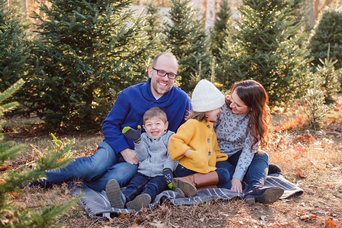 North Shore Christmas tree farm family photo shoot laughing and snuggling on a blanket